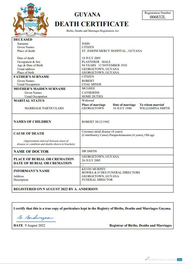 Download Guyana death certificate Word and PDF template Photoshop template